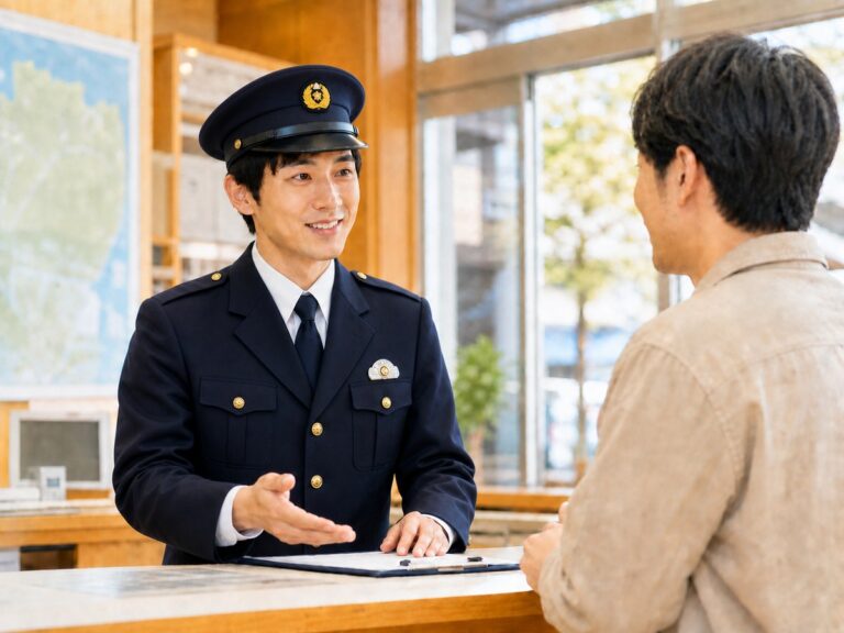 交番の受付で住民の相談に応じる制服の警察官（イメージ）