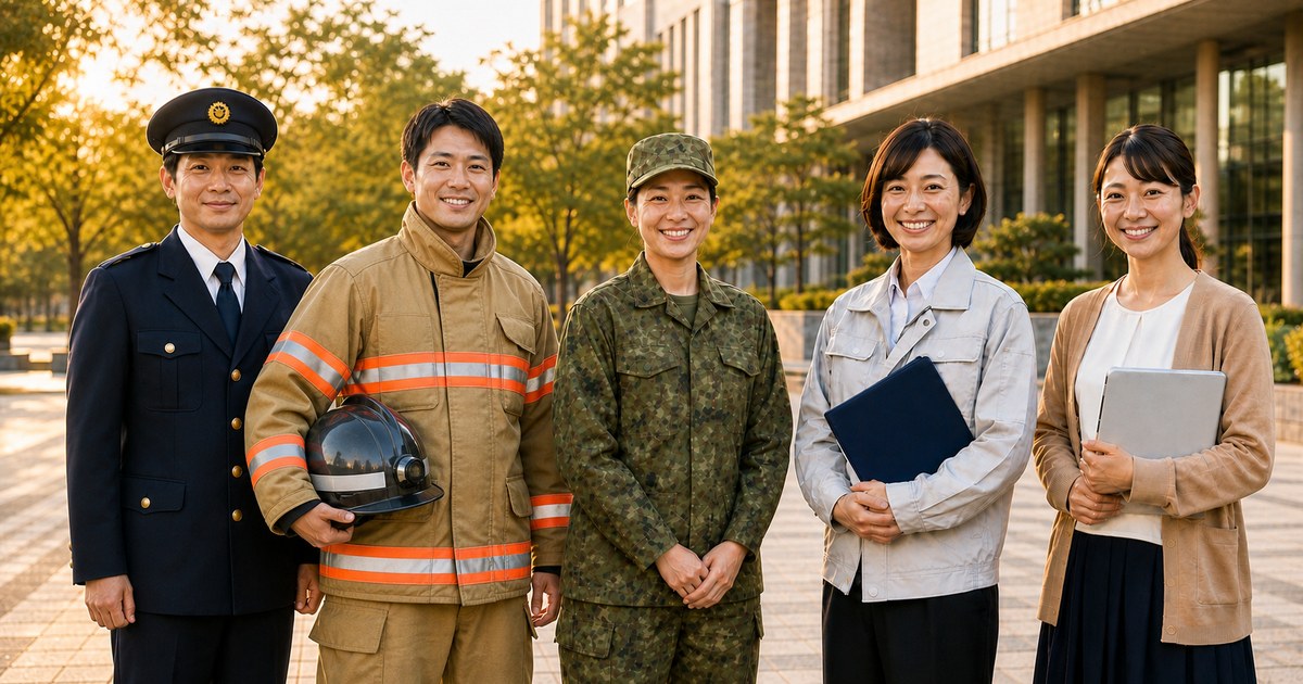 警察官・消防隊員・自衛官・自治体職員・教員が並ぶ集合写真