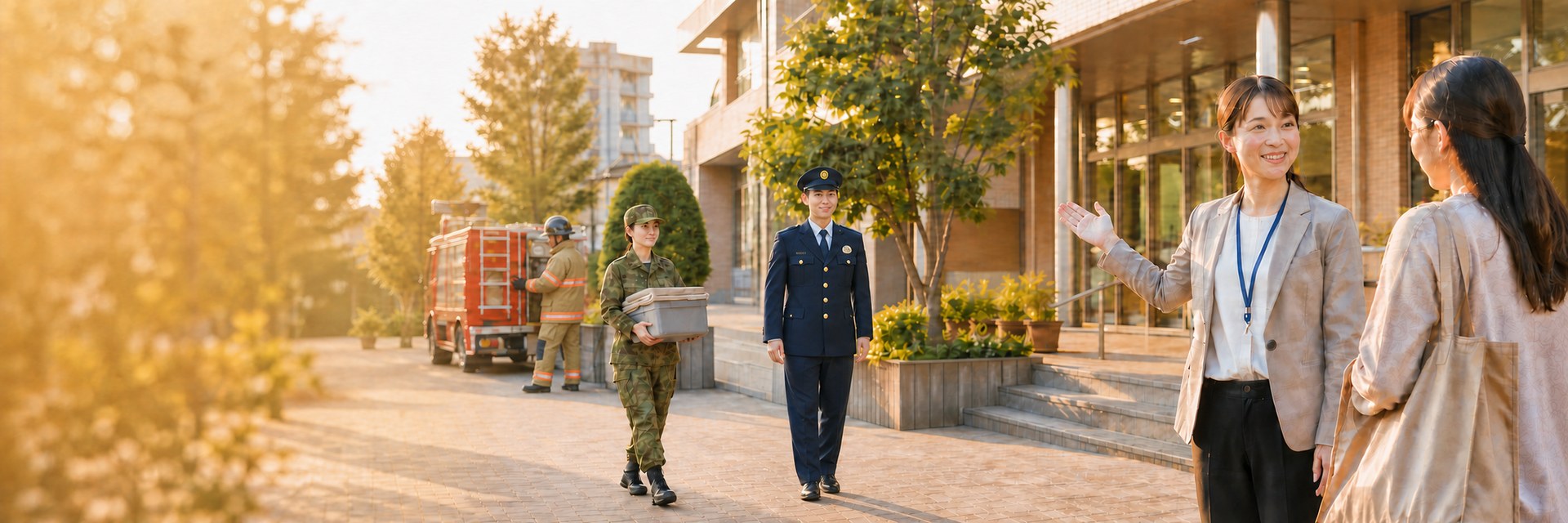 庁舎前を歩く自衛官と警察官、奥に消防車と来庁者を案内する職員
