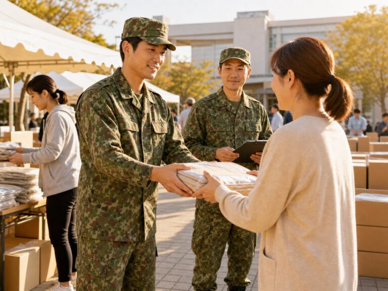 災害時の物資配布で住民に毛布を手渡す迷彩服の自衛官（イメージ）